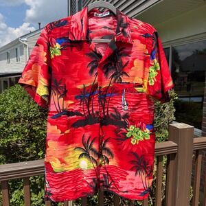 VHO Mens Button Up Shirt Medium Red Tropical Sunset Palm Tree Aloha Vacation